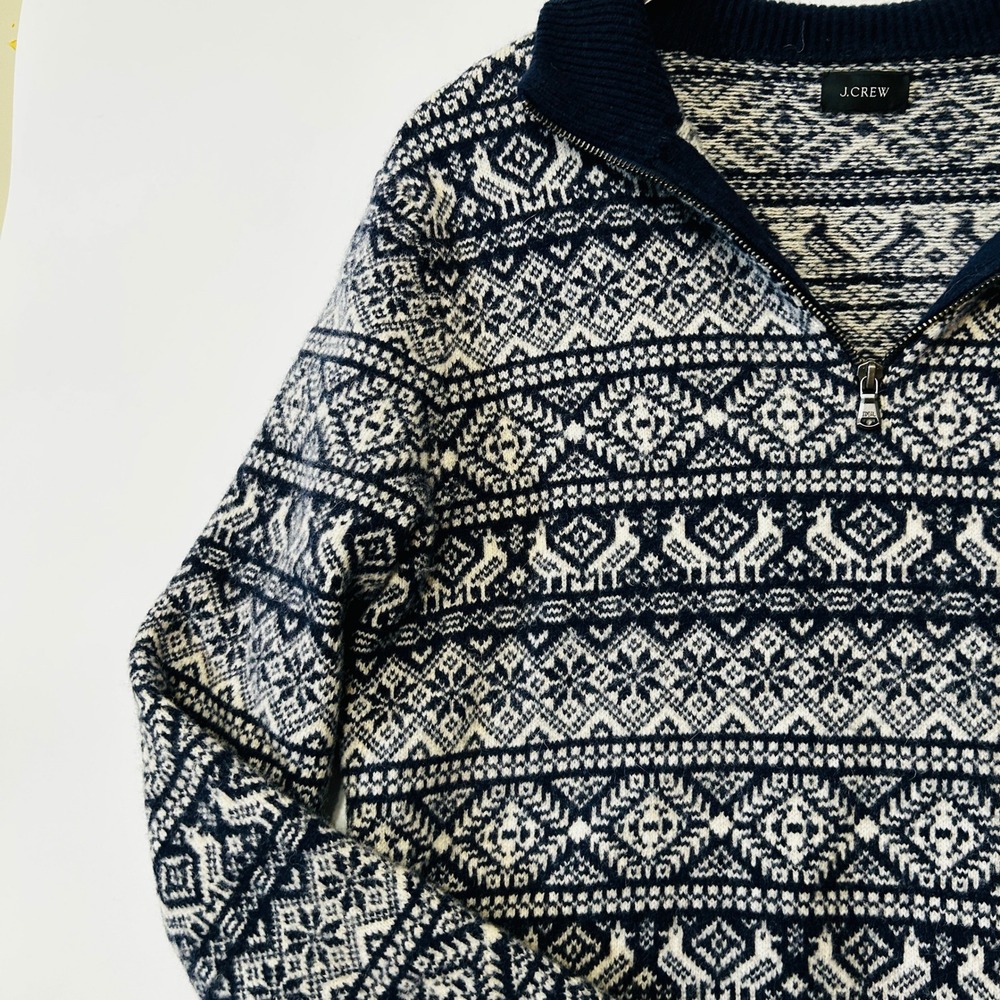 J.Crew Quarter Zip Sweater Size L Lambswool Fair Isle Nordic Navy Preppy Large - Picture 5 of 15
